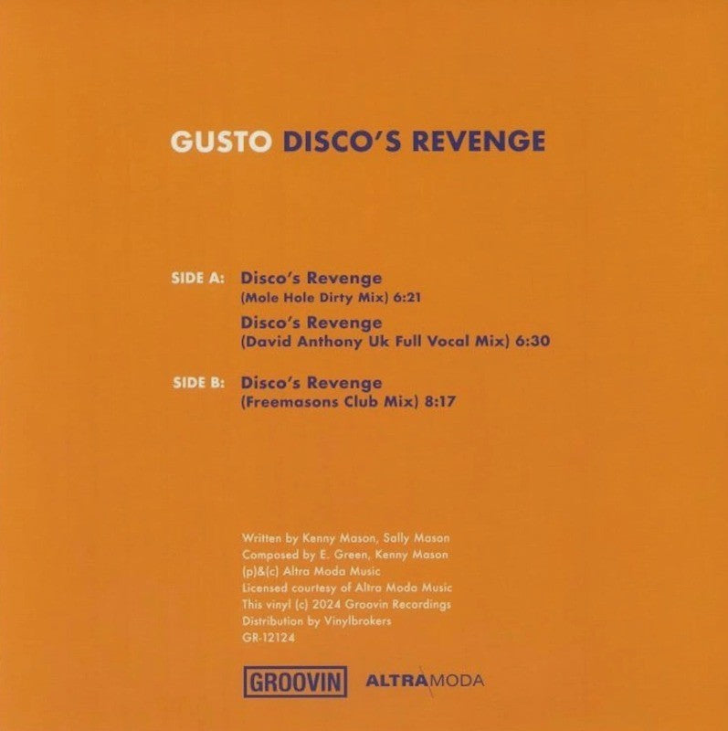 Gusto Disco's Revenge 12" vinyl record limited blue 2024 reissue remastered