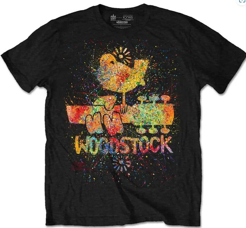 Woodstock Splatter Motif Medium unisex T shirt official black festival rock merc
