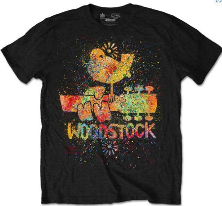 Woodstock Splatter Motif Medium unisex T shirt official black festival rock merc
