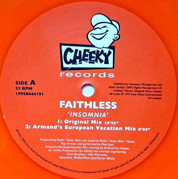 Faithless – Insomnia 12" vinyl record limited orange 2026 reissue on Cheeky