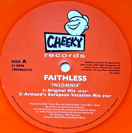 Faithless – Insomnia 12" vinyl record limited orange 2026 reissue on Cheeky