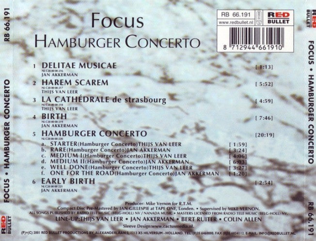 Focus Hamburger Concerto  CD Album Jewel Case 2001 on Red Bullet rock