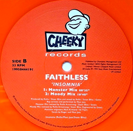 Faithless – Insomnia 12" vinyl record limited orange 2026 reissue on Cheeky
