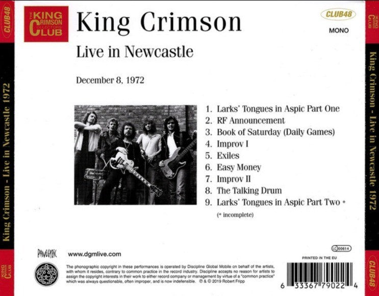 King Crimson Live In Newcastle December 8 1972 on Discipline Global 2019