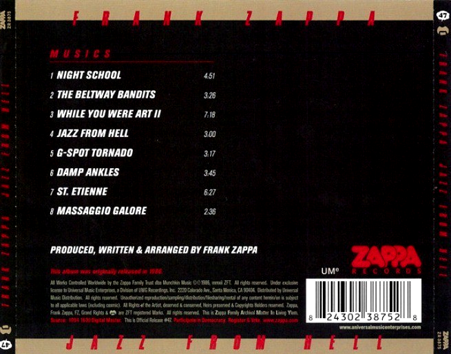 Frank Zappa Jazz From Hell CD Album Reissue Remastered 2012 on Zappa Records