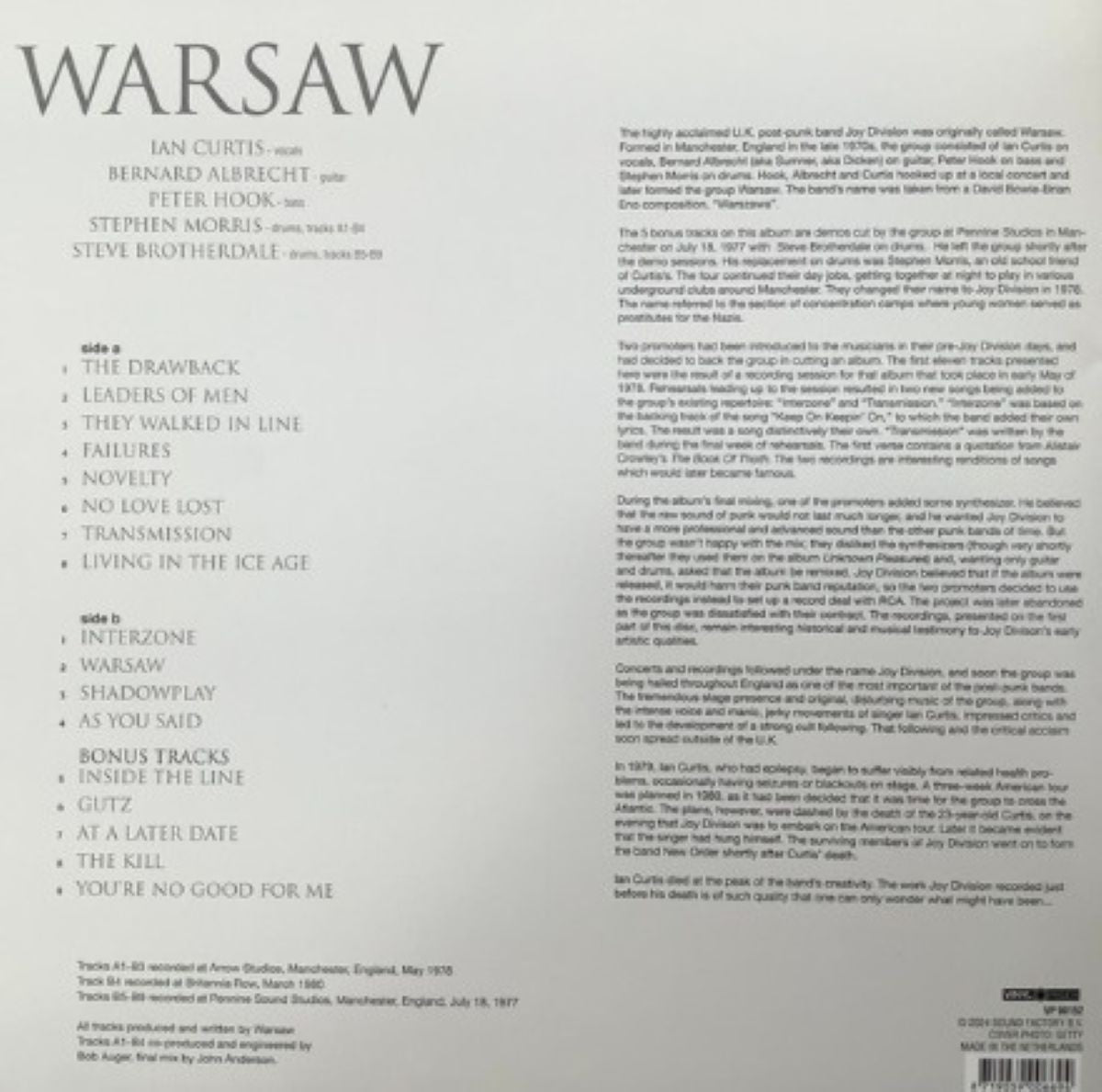 Warsaw Warsaw LP Album Vinyl record 2024 Compilation with Bonus Tracks reissue