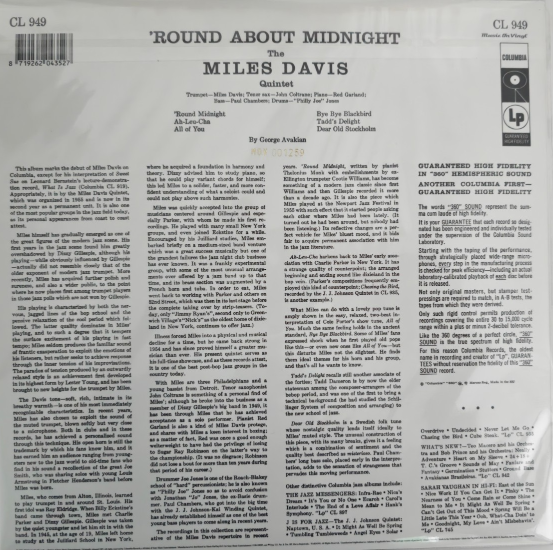 Miles Davis Round About Midnight LP Album Vinyl Record Clear 180g numbered