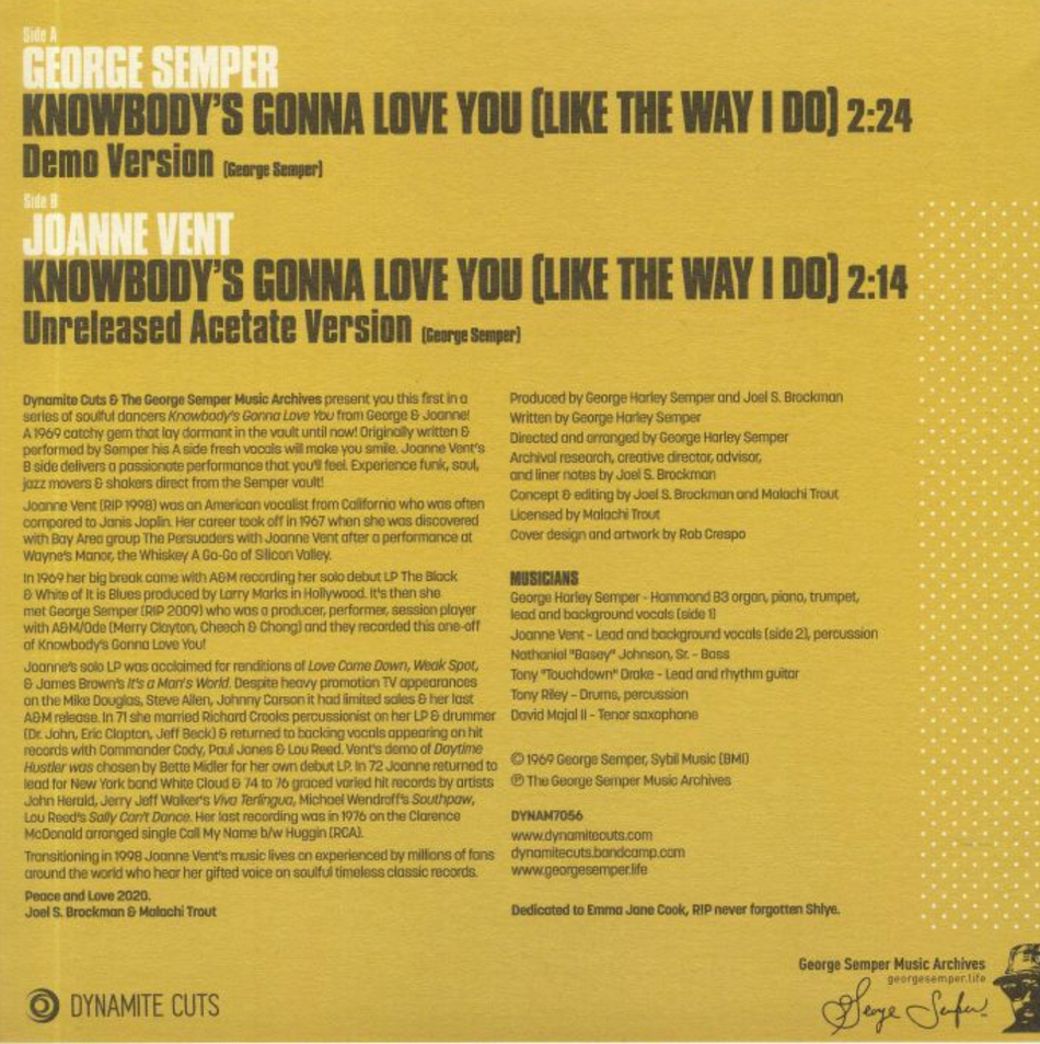 George Semper Joanne Vent Knowbody's Gonna Love You  7" Vinyl